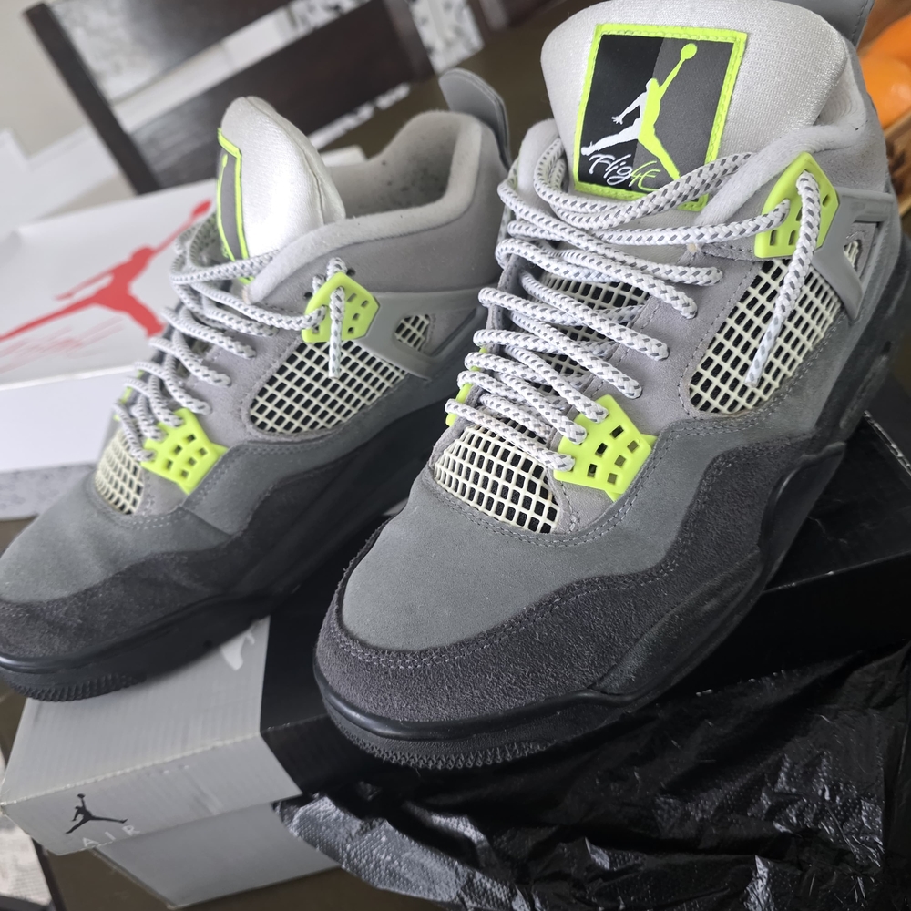 Jordan 4's Retro Neons                     Men's Gray and Neon Green Sneakers - Picture 2 of 8